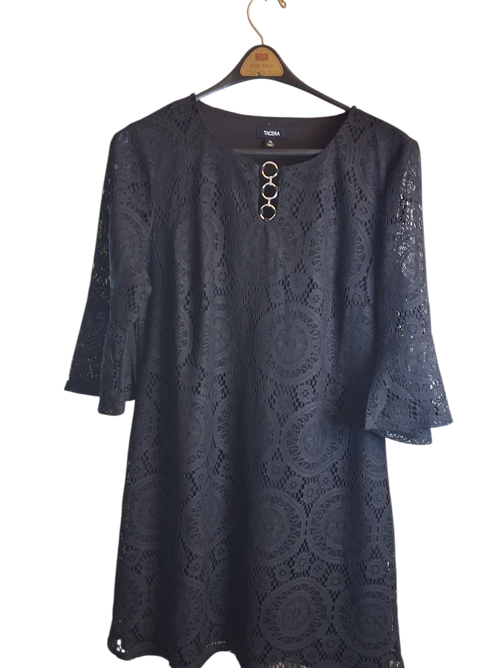 TACERA Black Lace Bell-Sleeve Tunic with Ring Accent New Large Petite